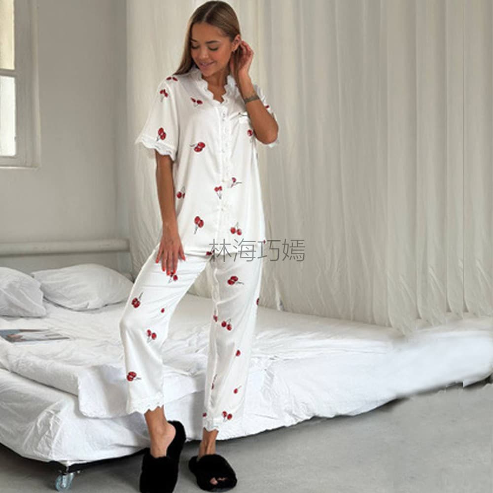 Women's Summer Short-Sleeve Pajama Set, Open-Front Ice Silk Pajamas Two-Piece Set, Imitation Silk Plus Size Women's Summer Loungewear Set