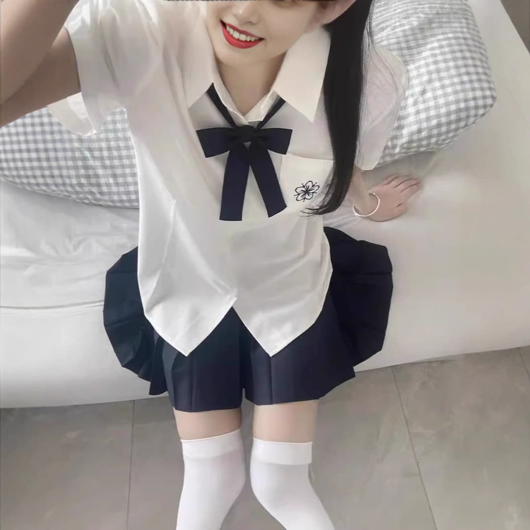 JK uniform original Sakuragi Kita short-sleeved shirt, Japanese style white and blue embroidered women's shirt, basic summer skirt set