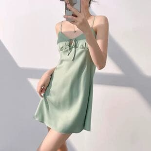 Cross-border Summer Ice Silk Camisole Nightgown Women Cool Feeling Pajamas with Padded Cups Pure Desire Style V-Neck Loungewear Ice Silk Pajamas