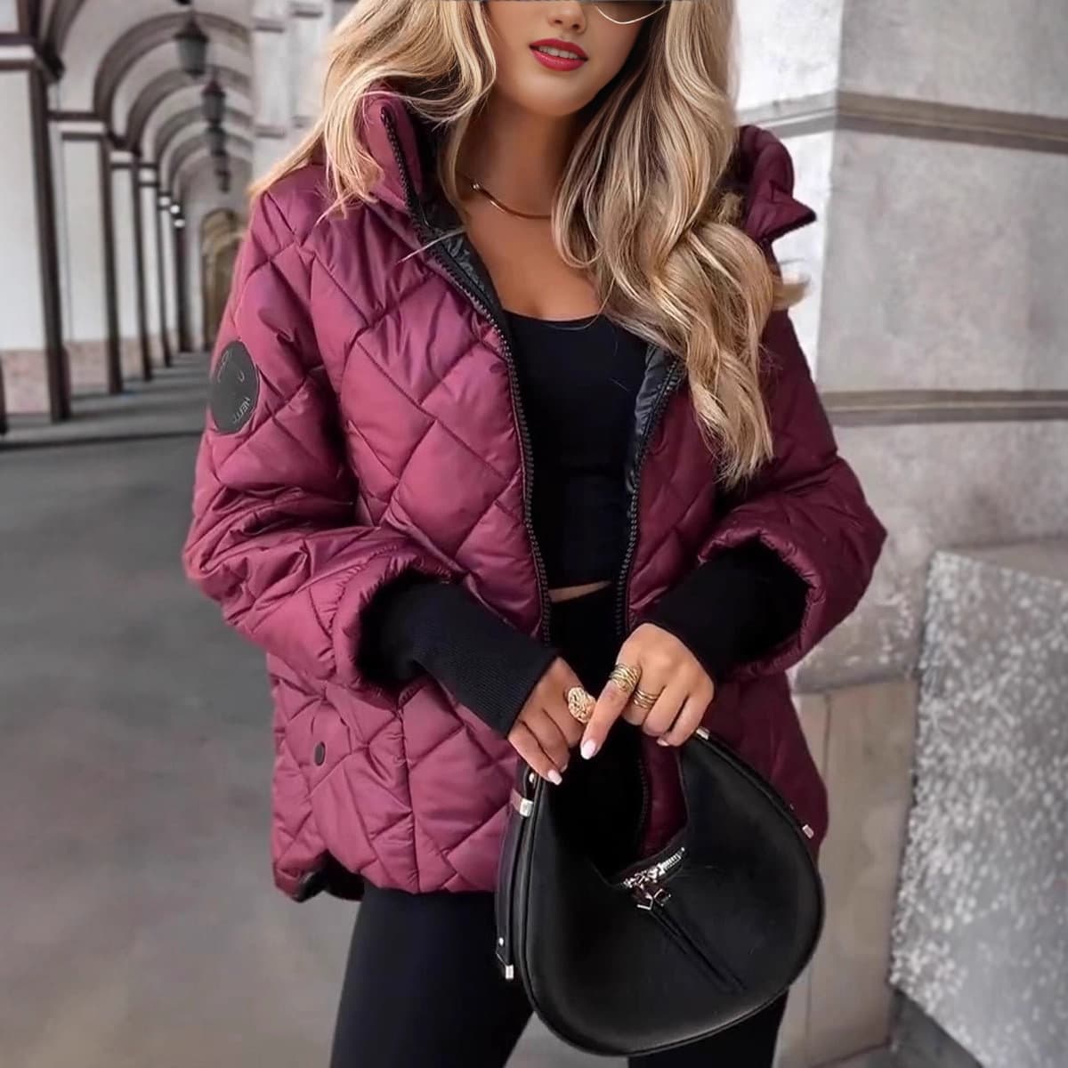 Amazon Independent Site Cross-border Autumn/Winter New Fashion Trend Diamond Quilted Loose Hooded Cotton Jacket Warm Coat