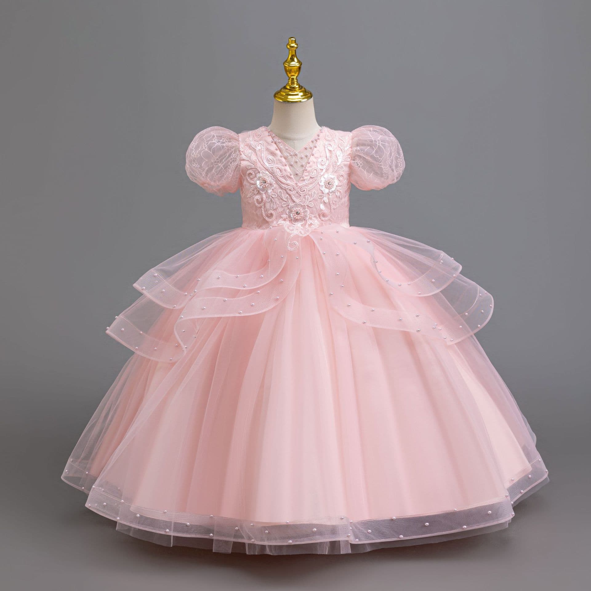 In Stock Export Children's Dress Wedding Dress Beaded Princess Dress Flower Girl Piano Performance Dress Kids Dress