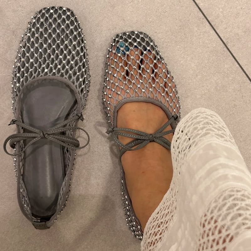 In Stock! Korean Style Rhinestone Mesh Mary Jane Shoes for Women 2025 Summer Ballet Flat Shallow Mouth Shoes