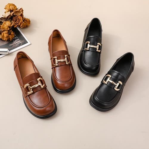 Leather Loafers for Women, Genuine Leather Low-Top Chunky Heel Mid-Heel Soft Sole Soft Upper Round Toe Comfortable Versatile Casual Office Shoes