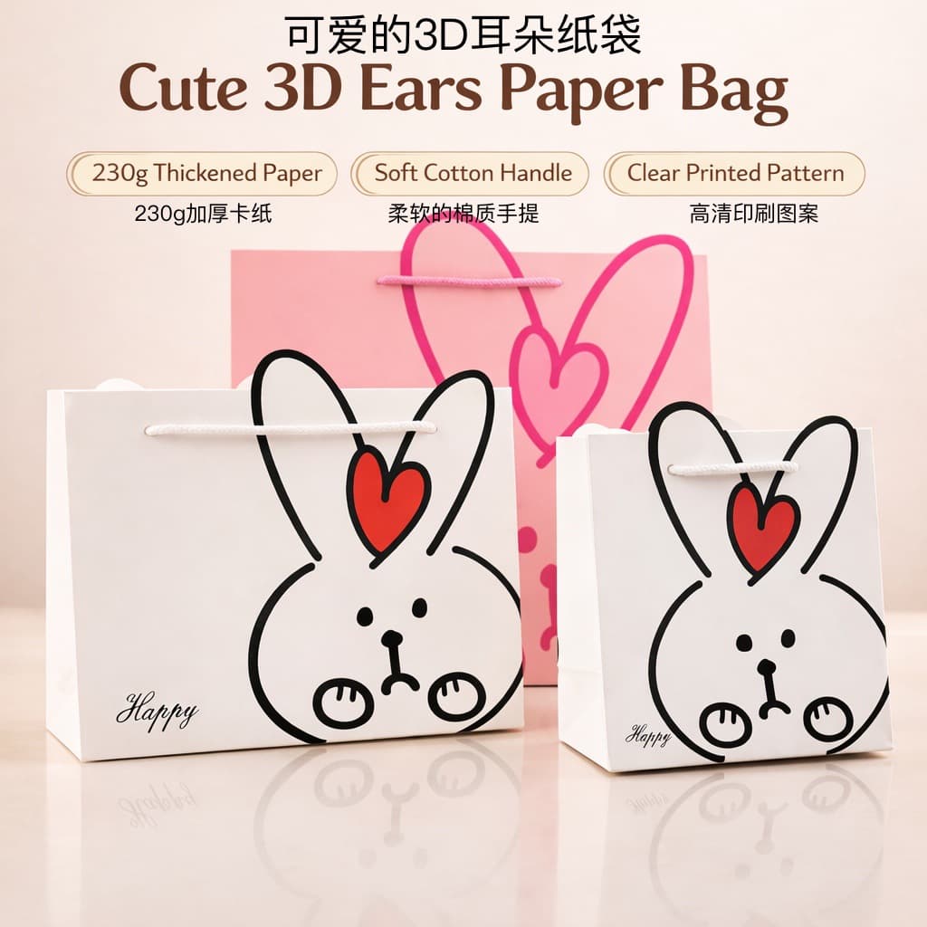 Cute Rabbit Gift Bag Handbag White Cardboard Shopping Bag Children's Gift Bag Holiday Gift Bag Wholesale