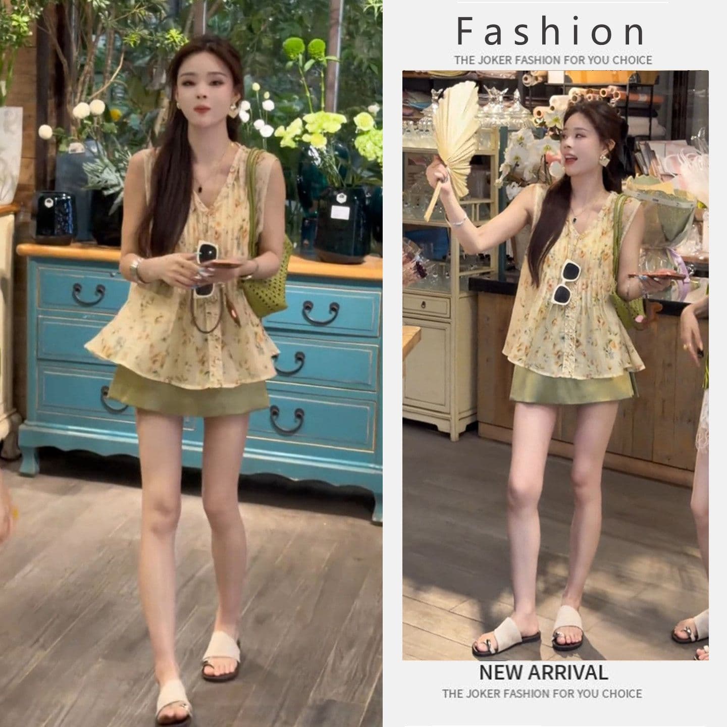 Fashion Suit Women 2026 Summer New Design Floral Ruffle Sleeveless Top Slimming Skirt Two-Piece Set