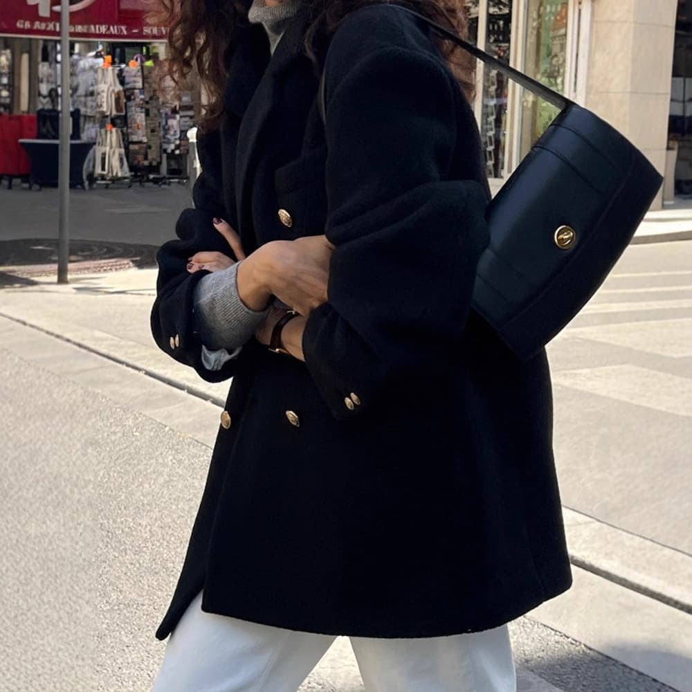 In Stock 6809 Black Woolen Suit Jacket for Women 2025 Winter New Korean Style Elegant Double-Breasted Woolen Coat