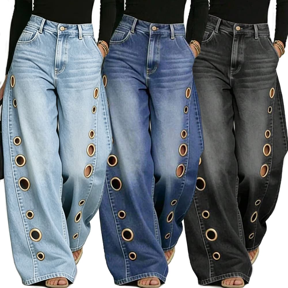 High-Waist Loose Straight Wide-Leg Jeans for Women, European and American Style, Cross-Border Side Metal Hole Hollow-Out Jeans