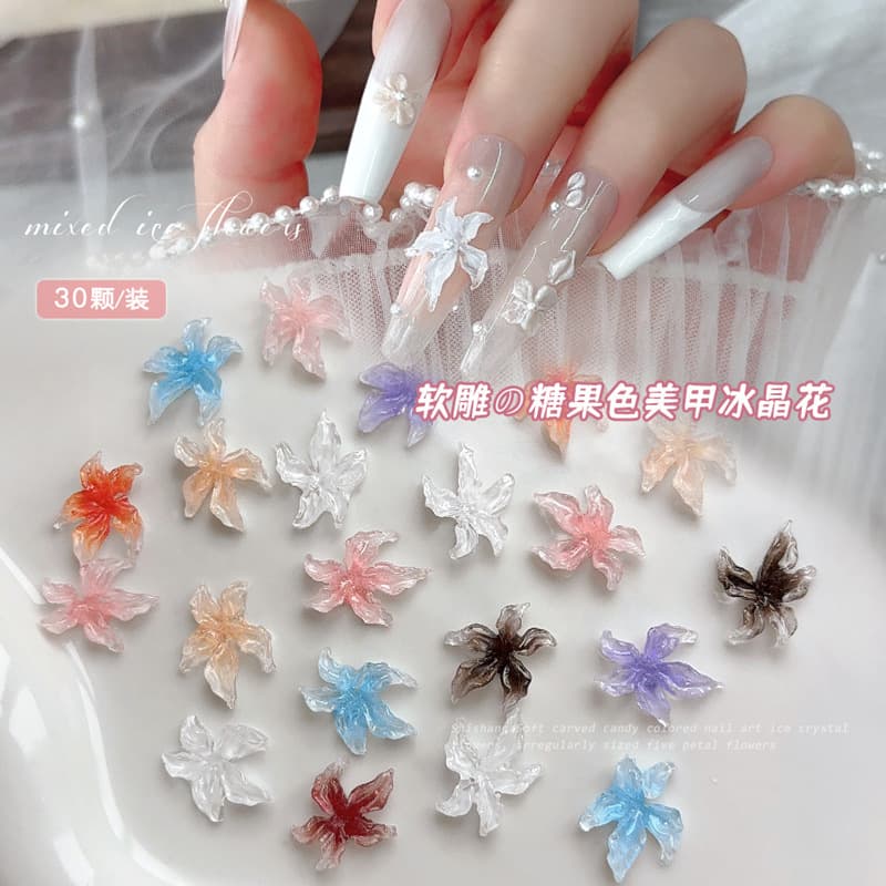 Soft Sculpted Ice Crystal Lily Nail Art Accessories 2026 New 3D Translucent White Pink Five-Petal Flower Nail Resin Rhinestone Decorations