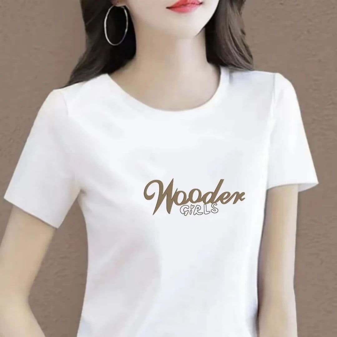 (210g 92% Cotton + 8% Spandex) Letter Print Short Sleeve Women's Summer Fashionable Slim Fit Round Neck T-Shirt