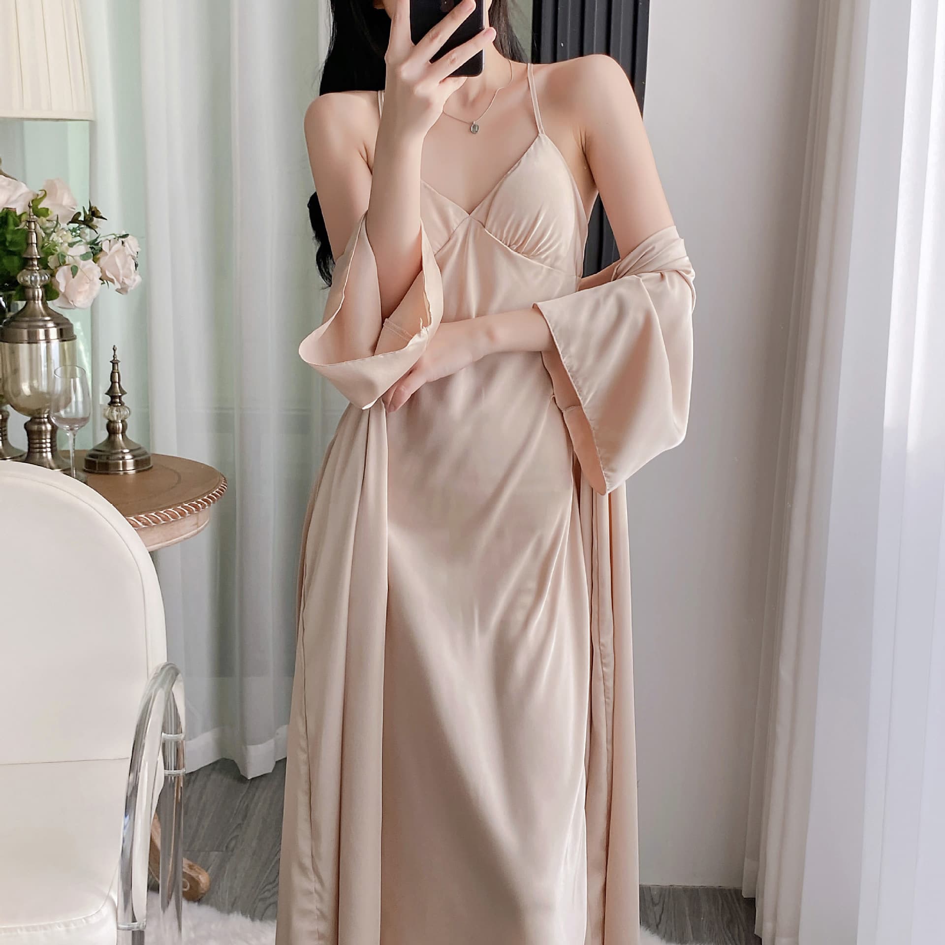 2025 Satin Spring/Autumn Sexy Mid-Length Camisole Ice Silk Nightgown Women's Summer Pajama Set with Built-in Pads