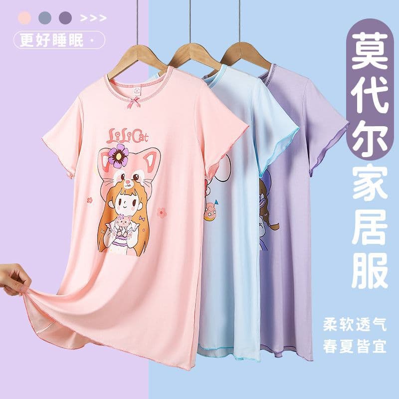 Loose children's nightgown summer thin short-sleeved Modal girls' pajamas girls home clothes cartoon cute big children
