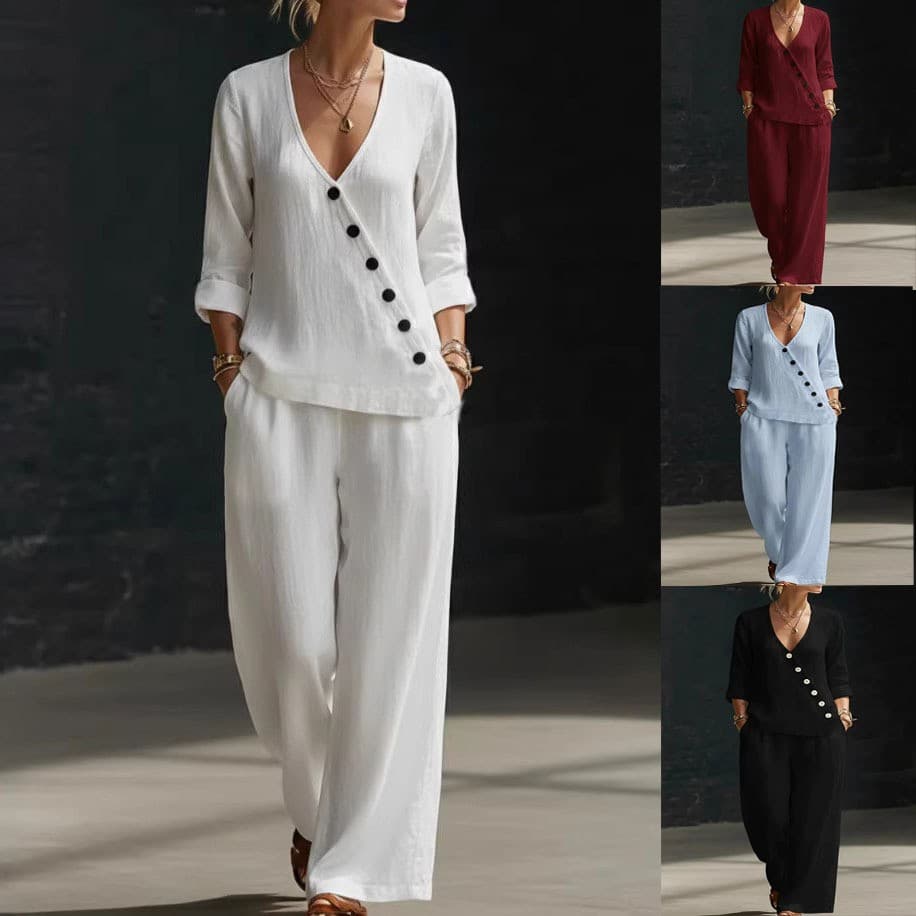 2026 Spring/Summer New Women's Wear, European and American Cross-Border Minimalist Chic Cotton Linen V-Neck Diagonal Button Shirt and Wide-Leg Pants Two-Piece Set