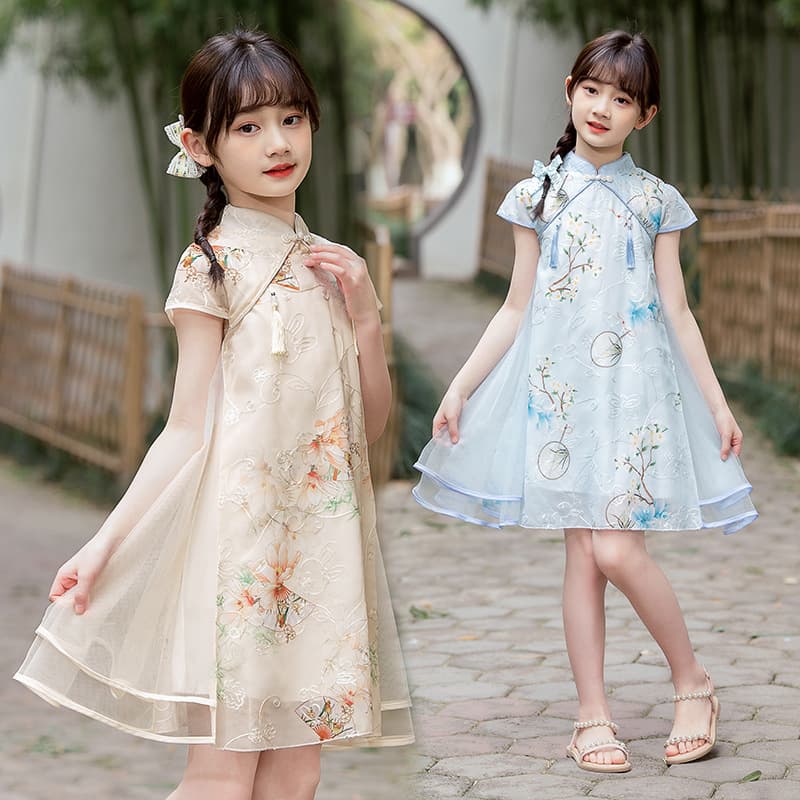 Kubelong Kubelong 2025 New Girls' Chinese Style Dress Chiffon Dress Hanfu Cheongsam Double-Layer Tassel Pendant