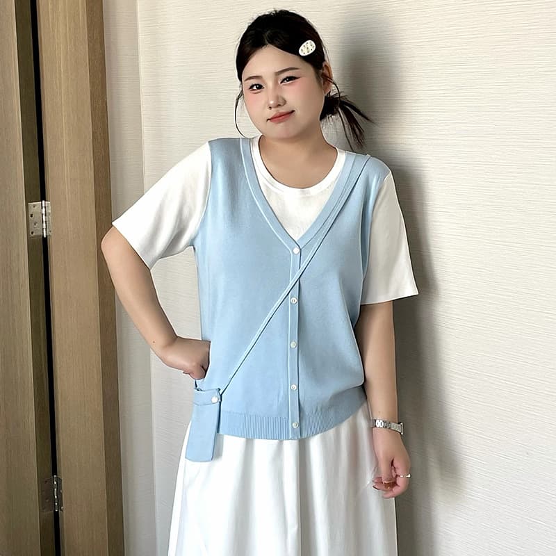 Plus-Size Women's Round-Neck Color-Blocked Faux Two-Piece Top with Bag-Style Knitwear 2026 Summer Short-Sleeve T-Shirt for Chubby Women 23931