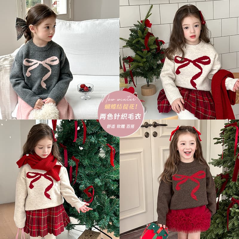 Elmo Baby Children's Wear Korean-style 2024 Winter Style Girl's Fashion Sweet Bow Jacquard Thick Knit Sweater