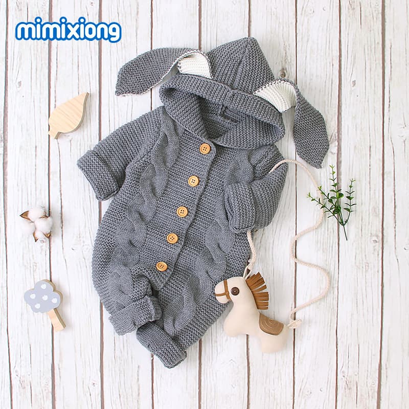 INS Hot Sale Autumn New Children's 3D Bunny Ears Hooded Knitted Jumpsuit Romper Crawling Suit