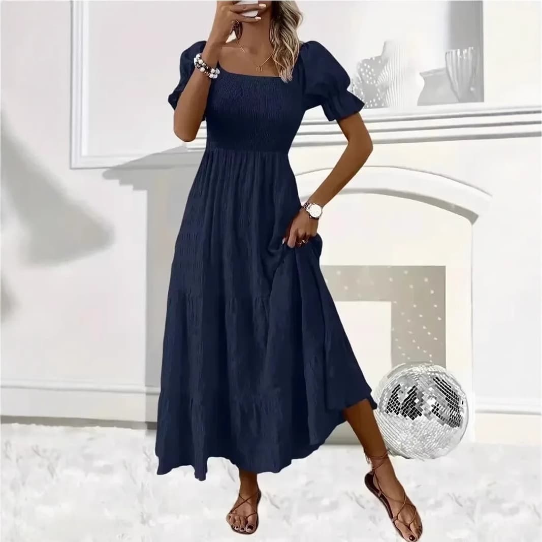 Women's Square Neck Short Sleeve Long Shirt Dress Long Casual Solid Color Elegant Party Dress
