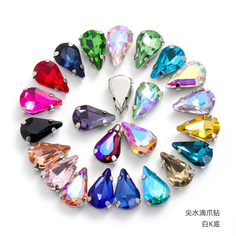 Glass claw rhinestone 8*13mm pointed teardrop glass claw rhinestone DIY embroidery accessory clothing trim with hole hand-sewn rhinestone