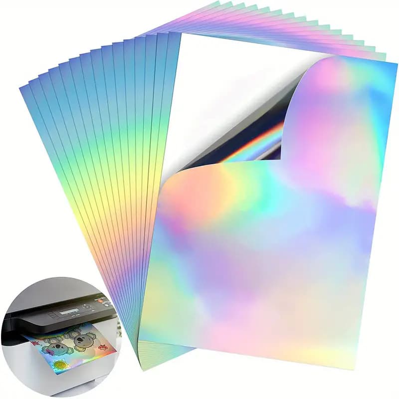 10 Sheets Waterproof Rainbow Vinyl Stickers, Holographic Sticker Paper for Inkjet and Laser Printers