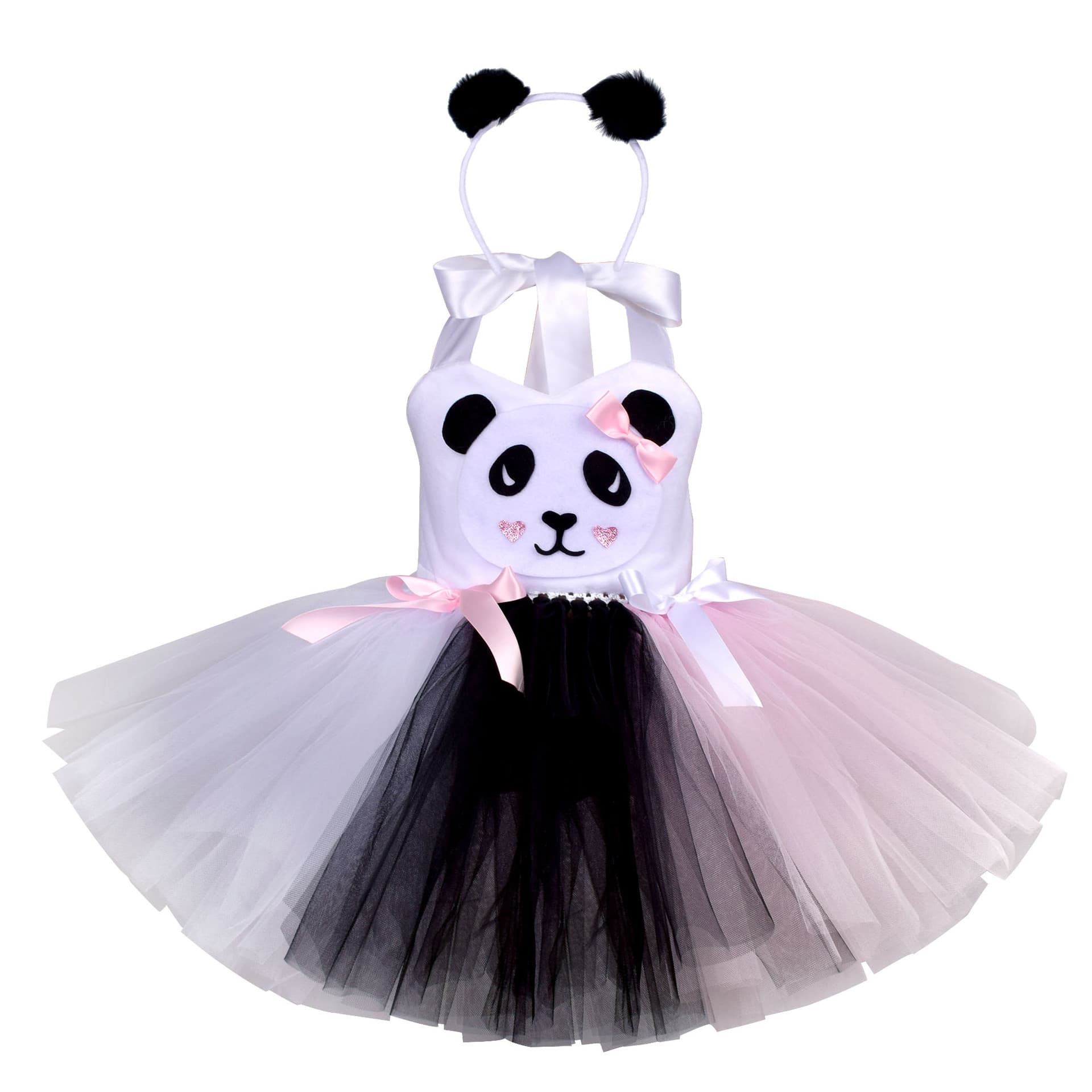 Girls Panda Tutu Dress Headband Tail 3-Piece Set Kids Children's Day Stage Birthday Party Performance Dress Cross-Border