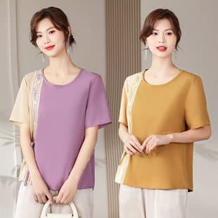 Fashion Elegant Vintage Plus Size Women's Lightweight Short Sleeve T-Shirt, Summer Comfortable Top for Middle-Aged and Elderly Ladies