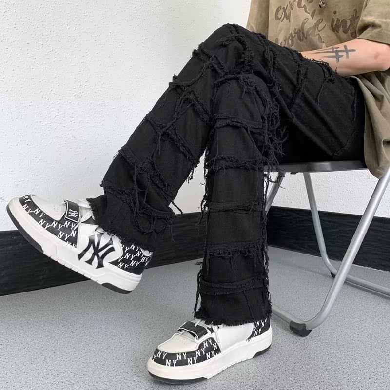 American Retro High Street Straight Wide Leg Casual Jeans for Men 2024 Frayed Raw Hem Fashion Trend Ins Long Pants