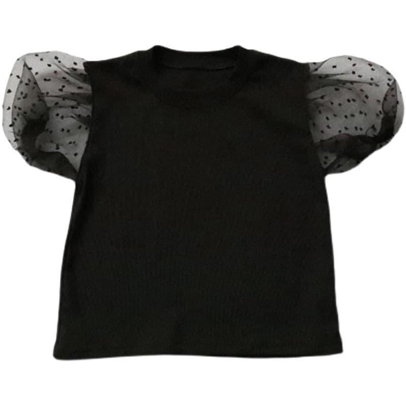 2026 Korean New Style Puff Sleeve Girls' T-Shirt Short Sleeve Summer Mesh Spliced Top for Middle and Young Children Drop Shipping