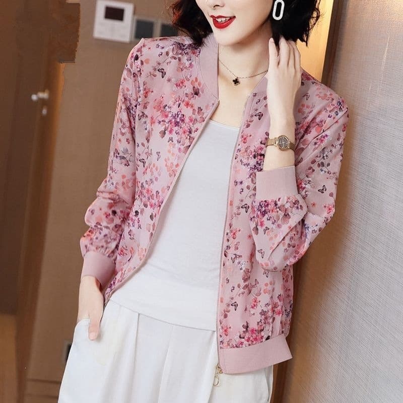 Cardigan for Middle-Aged Mom Women's Fashion Summer Thin Short Jacket Baseball Jersey Chiffon Long-Sleeve Sun Protection