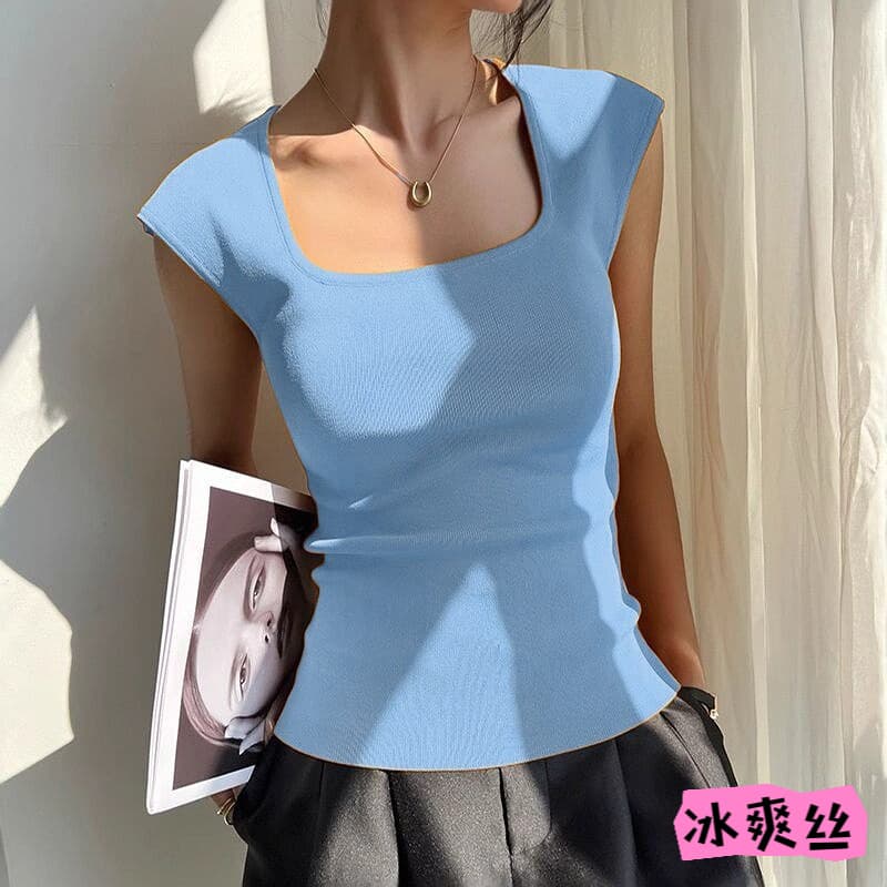 Elegant Slimming Sleeveless Square Neck Back Tie Bow Women's Summer Designer Knit Top