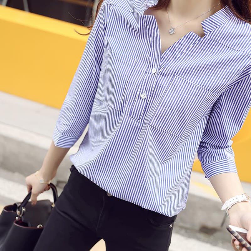 Women's Office Shirt Summer New Style Small V-Neck Loose Top T-Shirt Classic Vertical Stripes Stand Collar Pullover Blouse