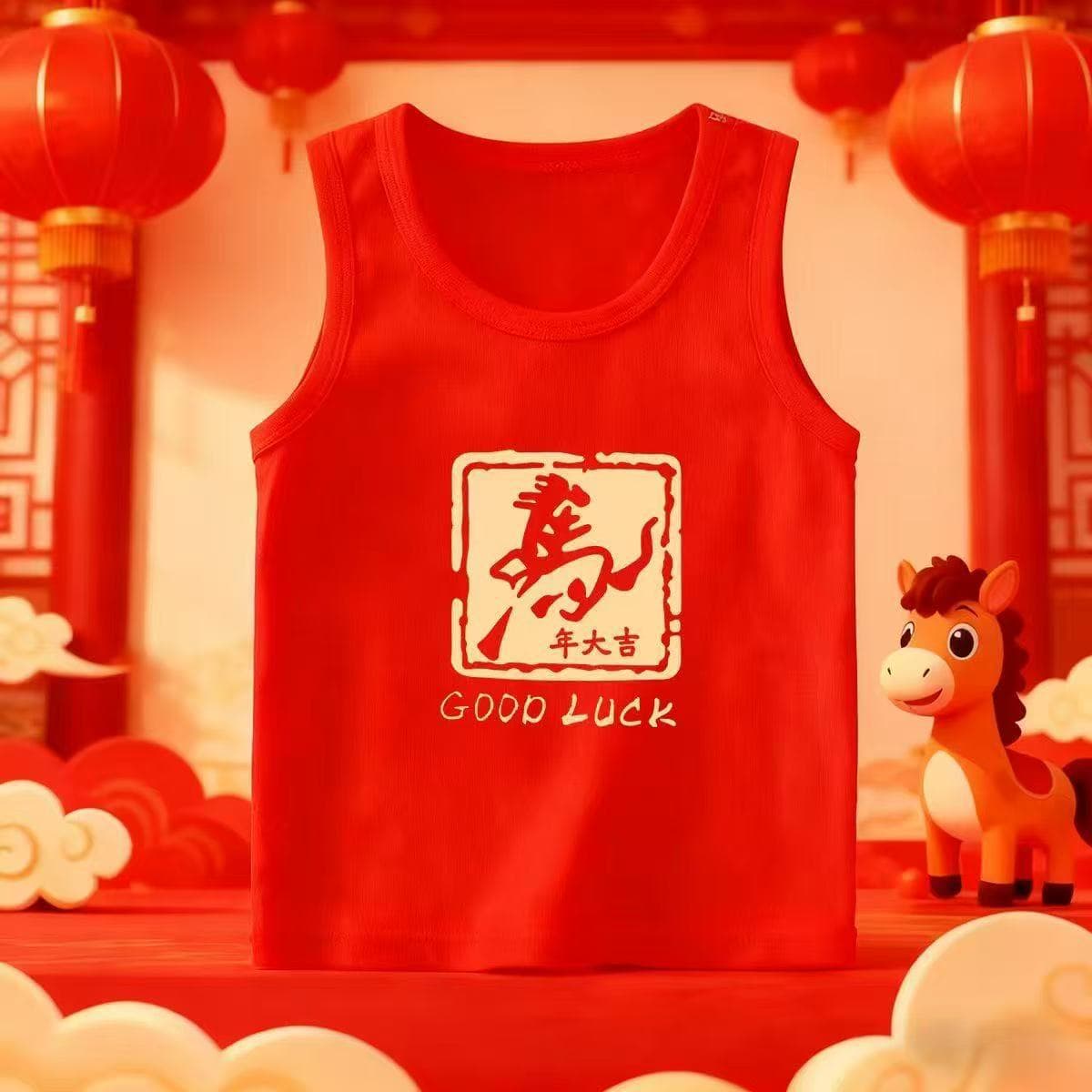 Kids Pure Cotton Red Vest, Year of the Horse, New Year for Older Children, Boys and Girls, Zodiac Year, Winter Layering, Sleeveless, New Year Greeting