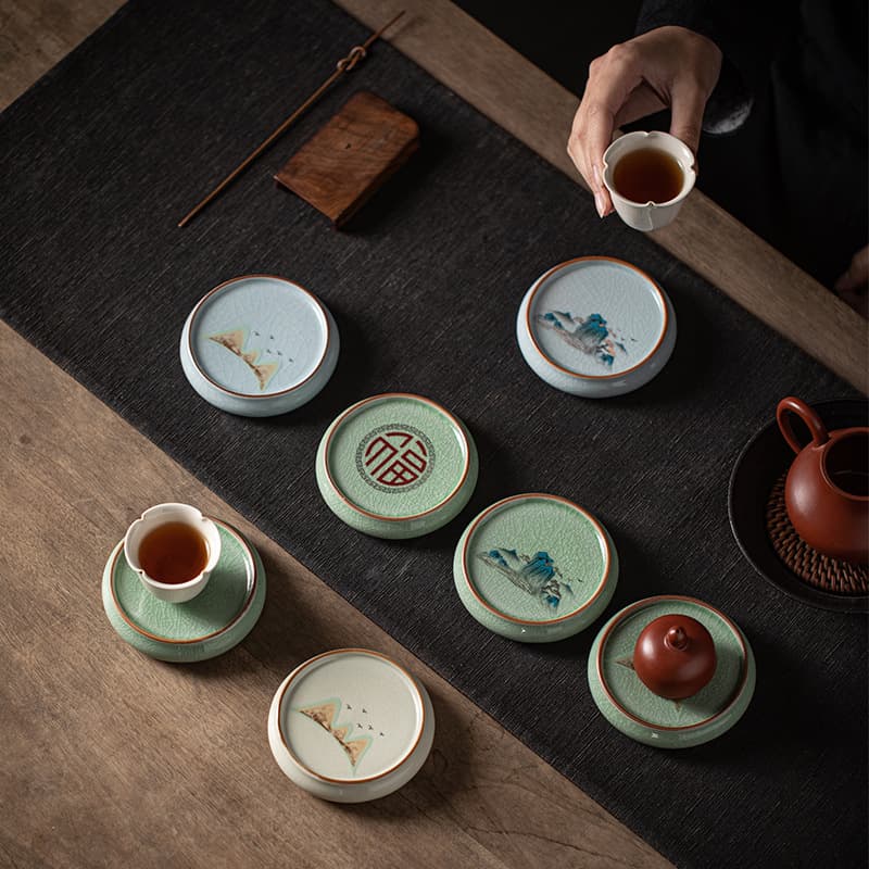 Ceramic Tea Cup Coaster Water Cup Mat Tea Set Heat-resistant Pad, Landscape Coaster Round Heat Insulation Cup Holder Ornament Accessory