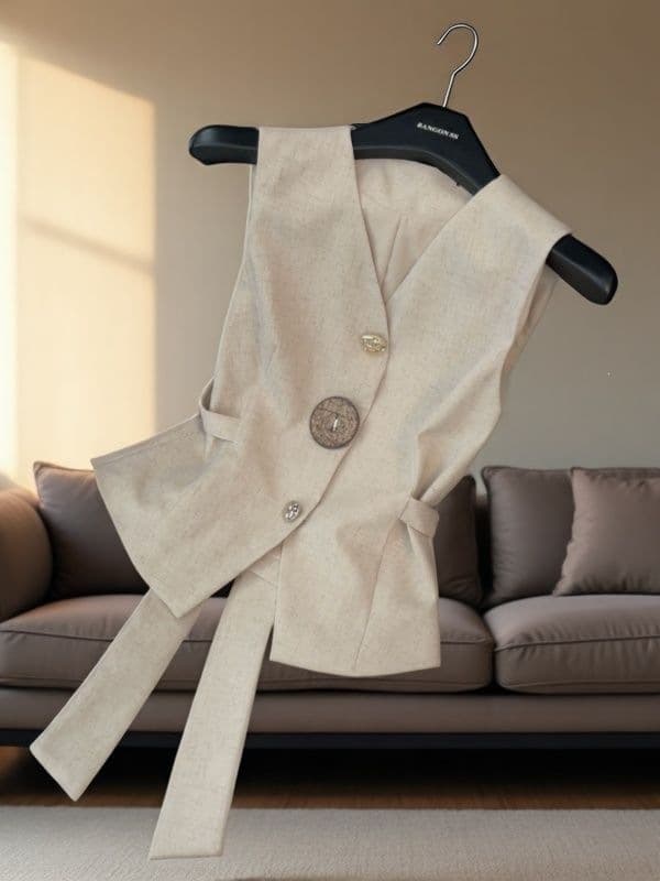 Irregular button design linen vest for women 2025 new summer style back tie versatile slimming top