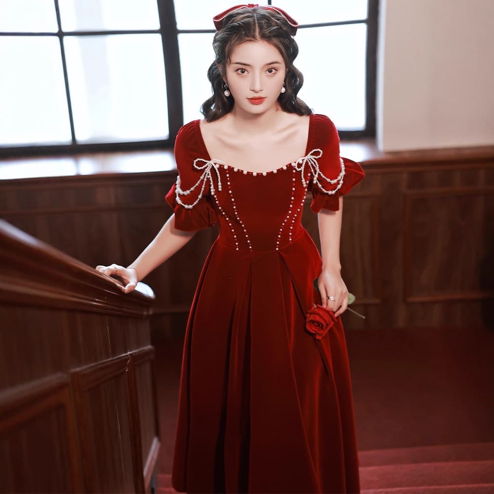 Velvet Wedding Toast Dress 2026 New Style Return Banquet Wedding Dress Wine Red Suitable for Petite Women for Daily Wear