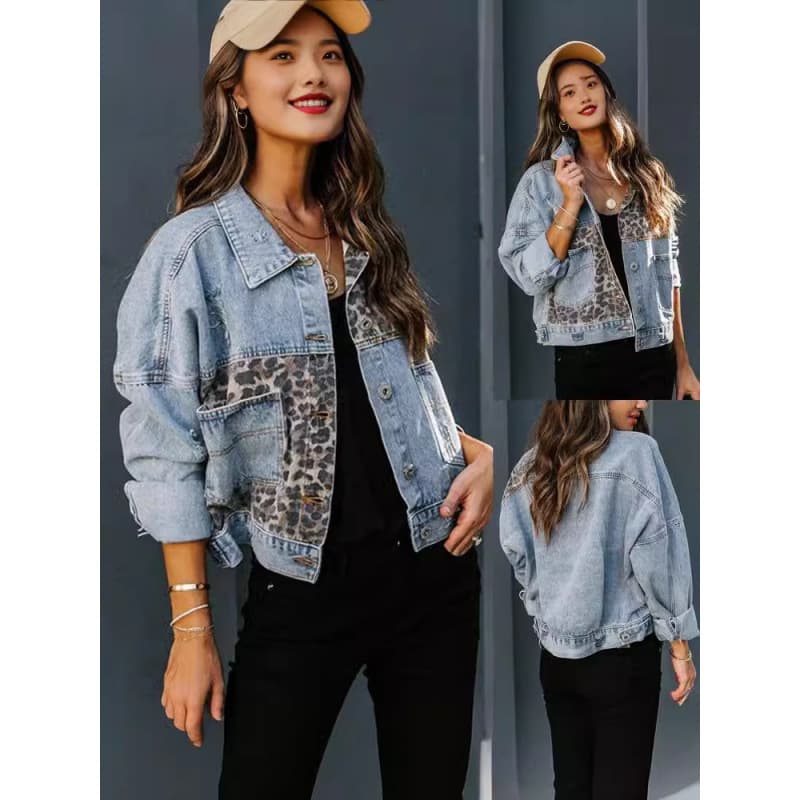 Women's long-sleeved denim jacket with leopard print patchwork design, available on AliExpress and Amazon. (Independent website)
