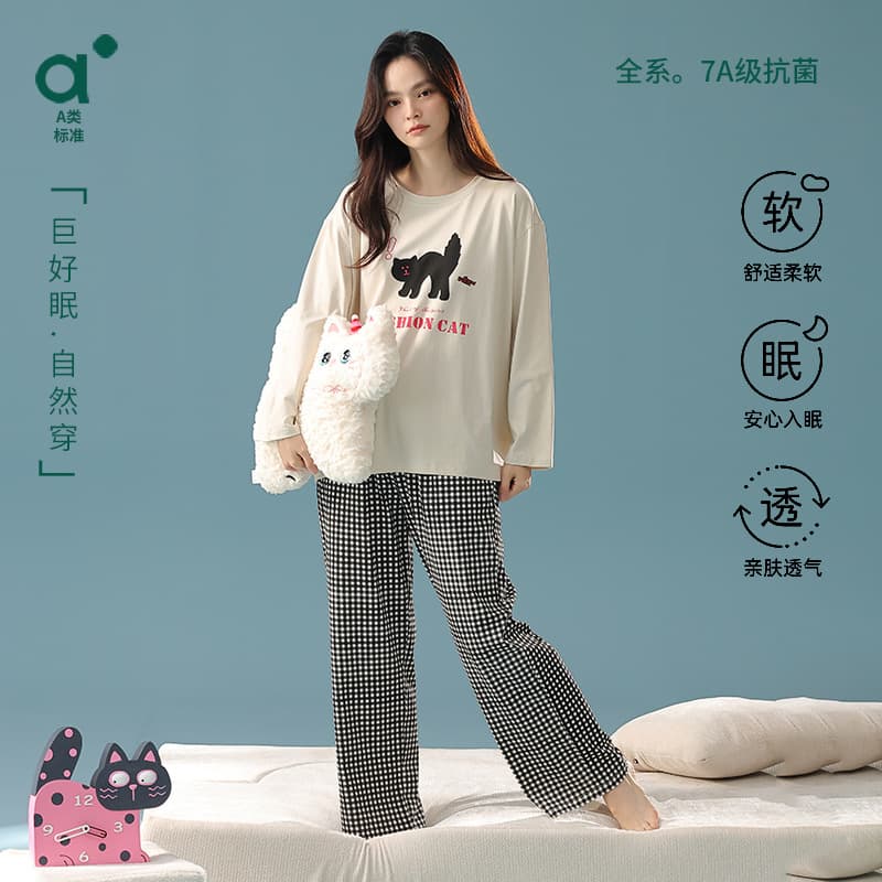 【Antibacterial Xinjiang Cotton】Women's Pajamas Pure Cotton Spring/Autumn Long Sleeve Class A Cat Print Loungewear for Women