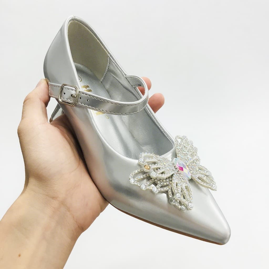 2025 New Export High Heels Chunky Heel Shallow Mouth Pointed Toe Hollow One-Strap Butterfly Women's Sandals Girls Princess Shoes