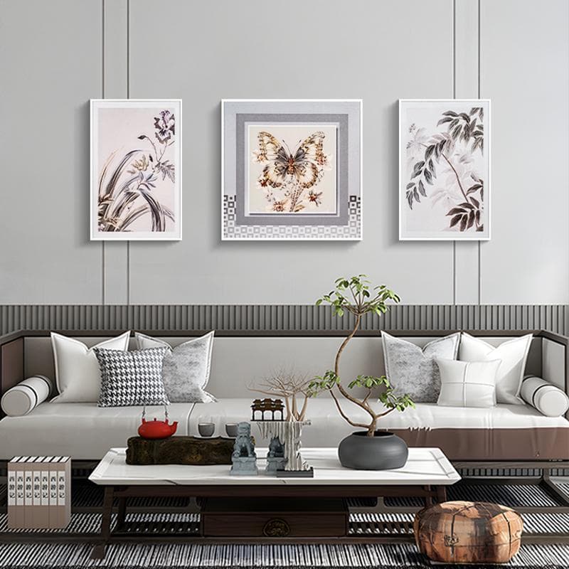 French-style living room decorative painting, niche art triptych, vintage style sofa background wall painting, butterfly 60140