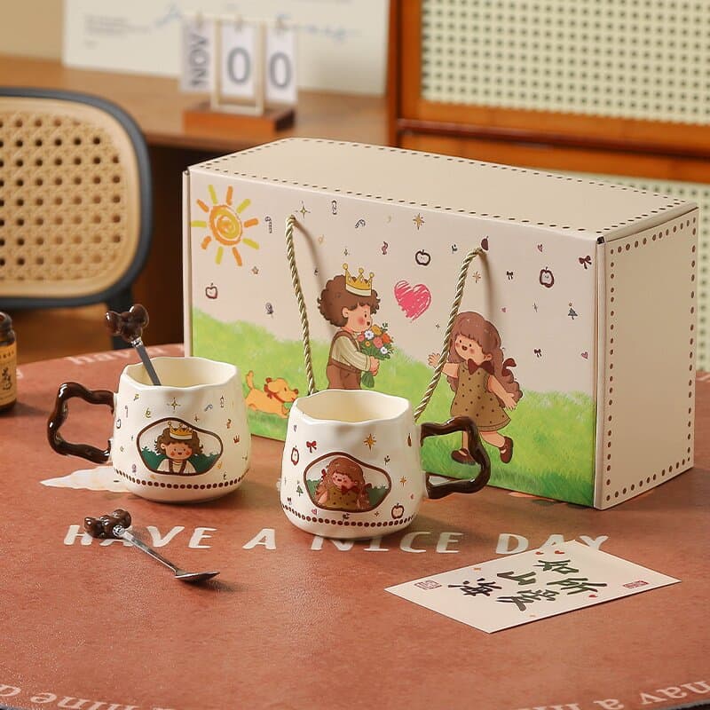Double Cup Gift Box Cute Couple Set Cartoon Mugs with Spoons Ceramic Cup Birthday Gift for Women