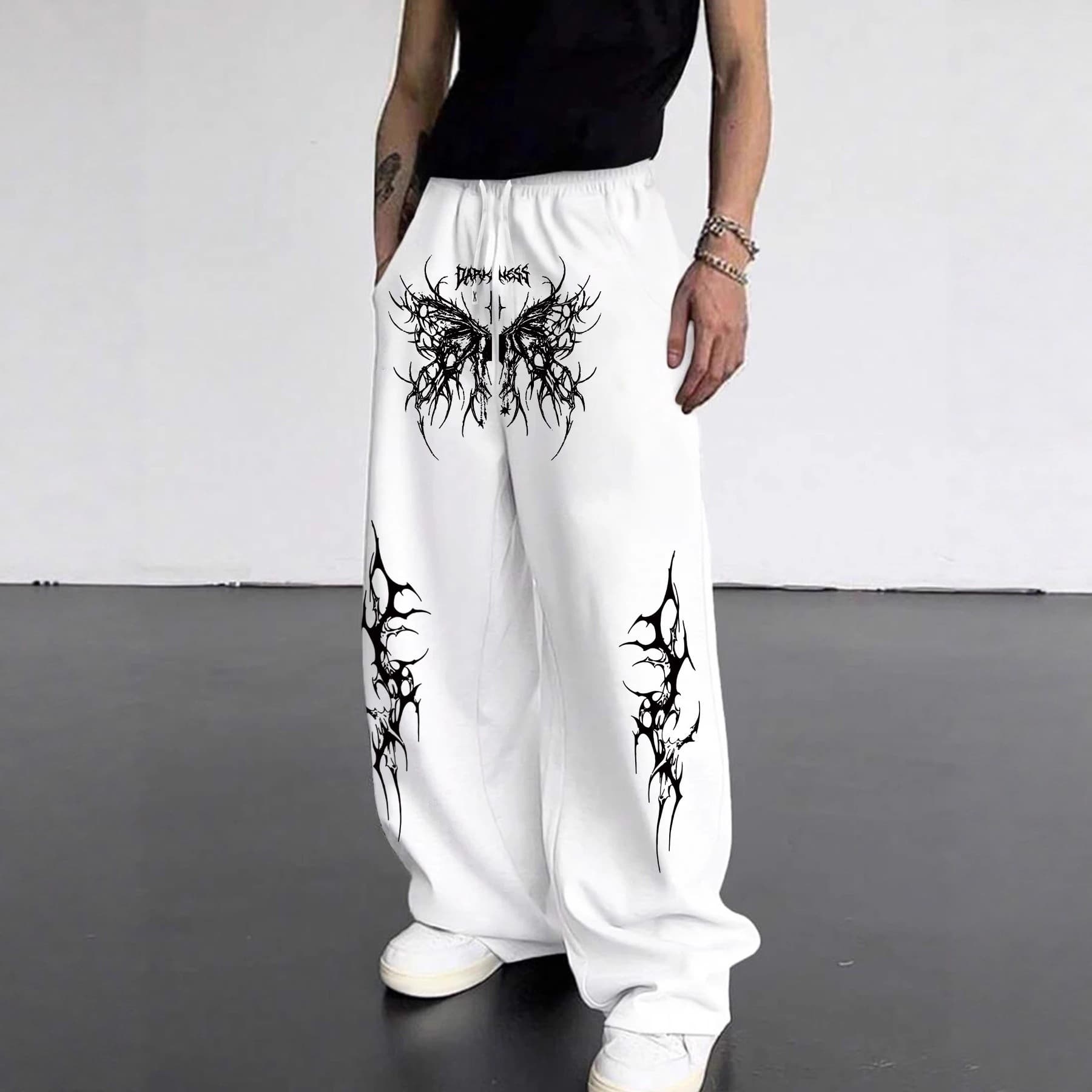 Spring/Autumn New Y2K Dark Gothic Print Loose Fitting Slimming Unisex Drawstring Sweatpants Wide Leg