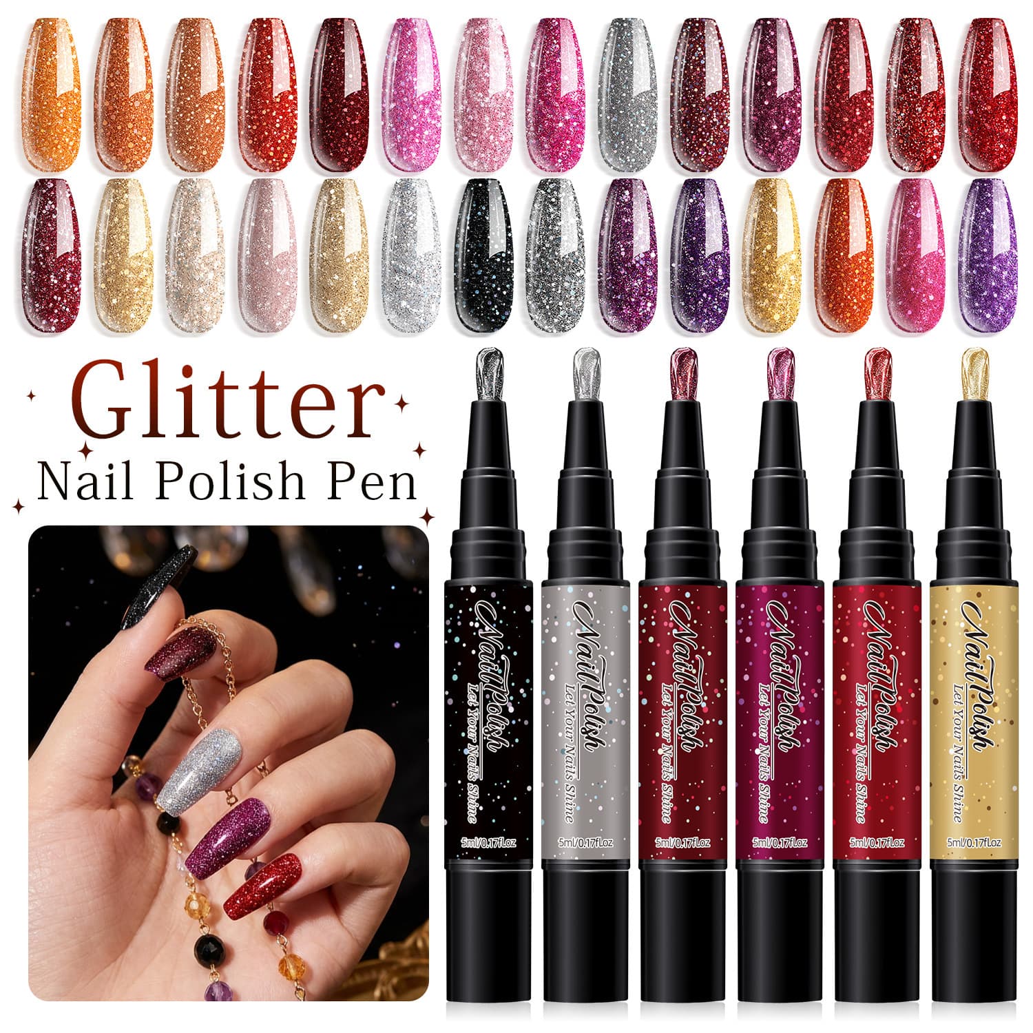 Nail Art Shimmer High Gloss Fine Glitter Nail Polish Pen, DIY Salon, Quick-Dry Water-Based, Decorative