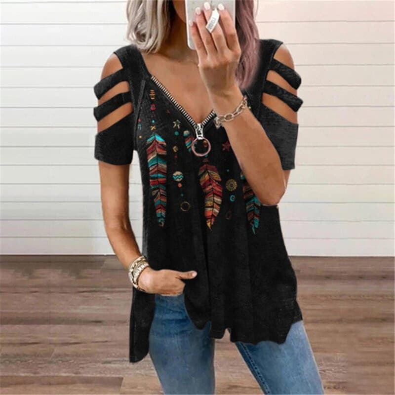 2023 European and American TEMU Cross-border Wish Women's V-Neck Zipper Print Short Sleeve Loose T-Shirt Top
