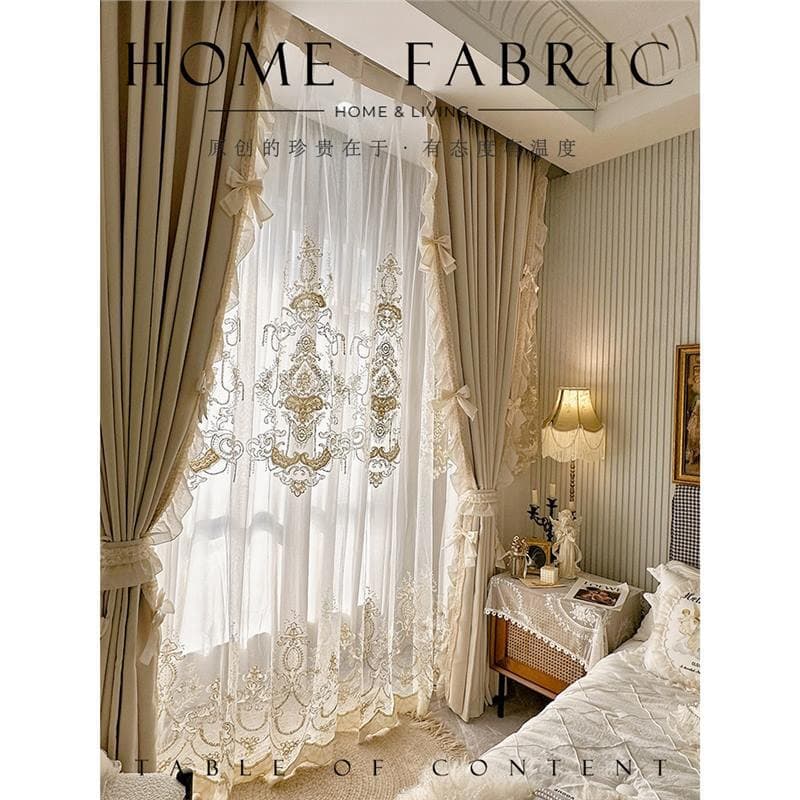 Baroque French rococo cream retro high-end heavy embroidery bow ruffle blackout curtains