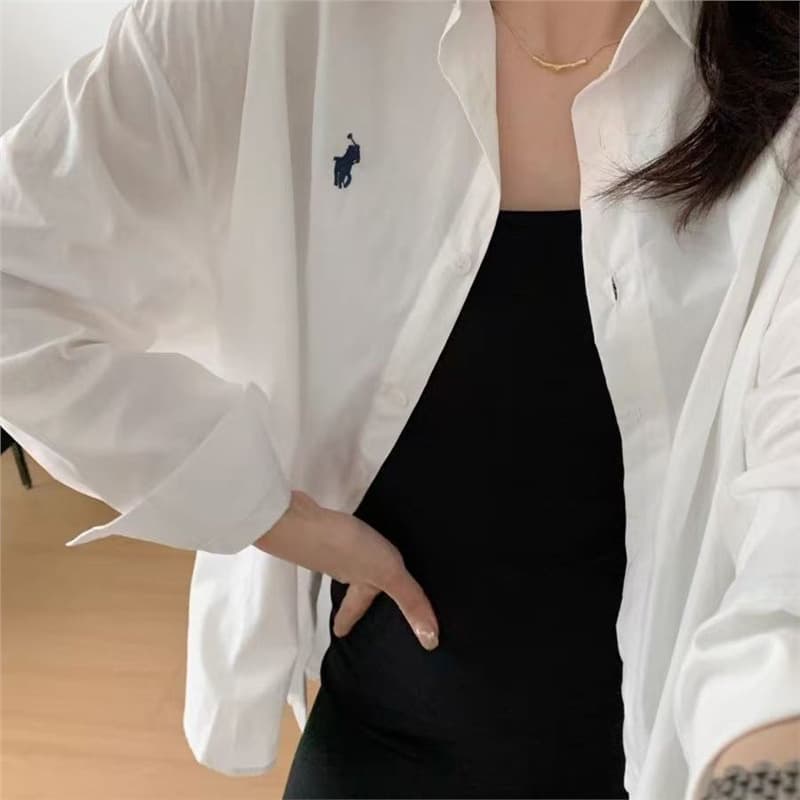 Casual Blue Loose Fit Blouse 2024 Korean Style New Versatile Embroidered Long Sleeve Shirt Jacket Ins