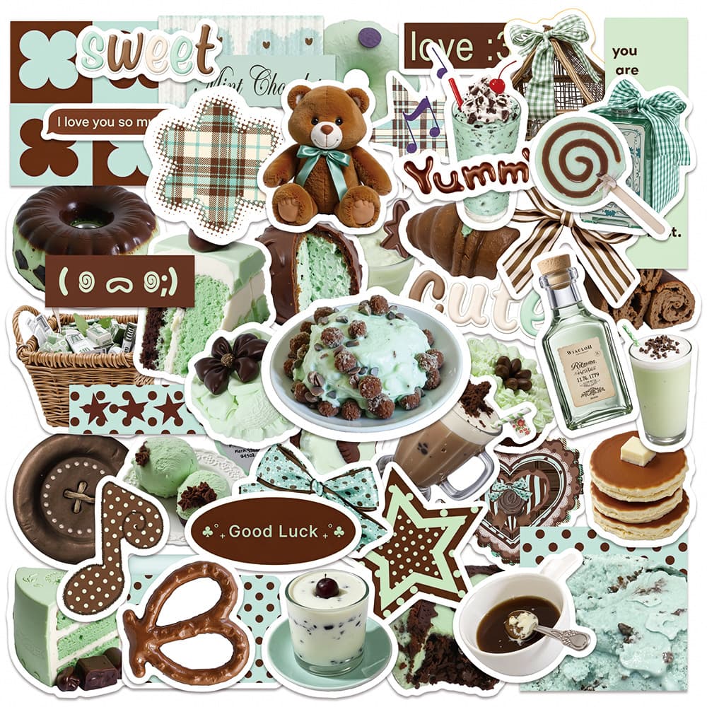 50 Sheets Thin Mint Fresh Style Stickers Mint Chocolate Cute DIY Journal Notebook Waterproof Decorative Stickers