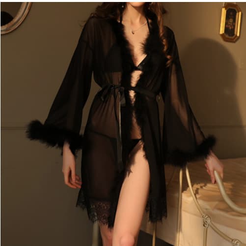 Cross-border Hot Seller European American Mesh Nightgown Sexy Women's Sheer Fluffy Lace Bathrobe Outerwear Set