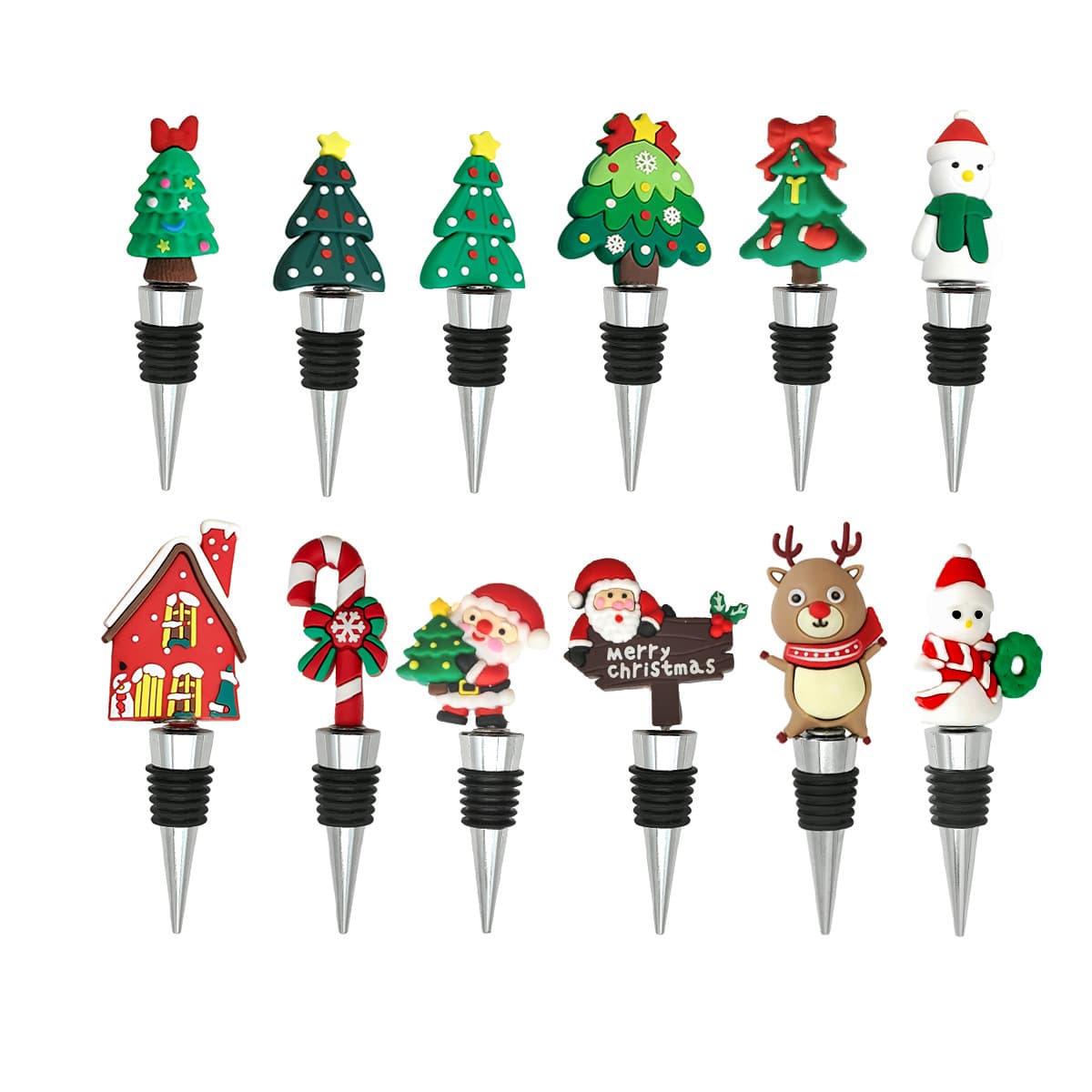 PVC Christmas wine stopper, green Christmas tree, snowman candy cane, reindeer, Santa Claus wreath, red wine stopper, glass bottle