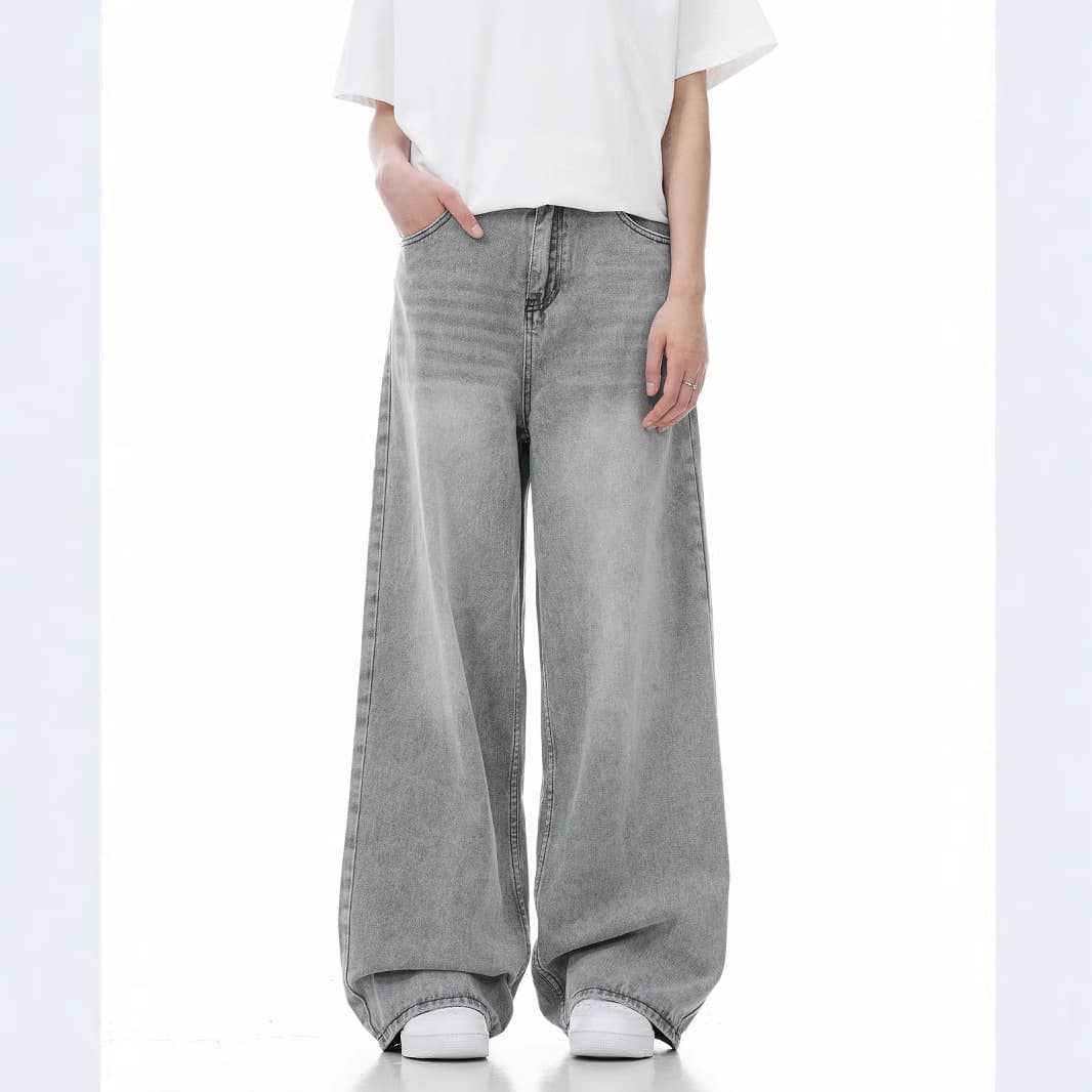 American High Street Trendy Jeans for Men Spring Autumn New Loose Casual Wide Leg Straight Washed Distressed Long Pants