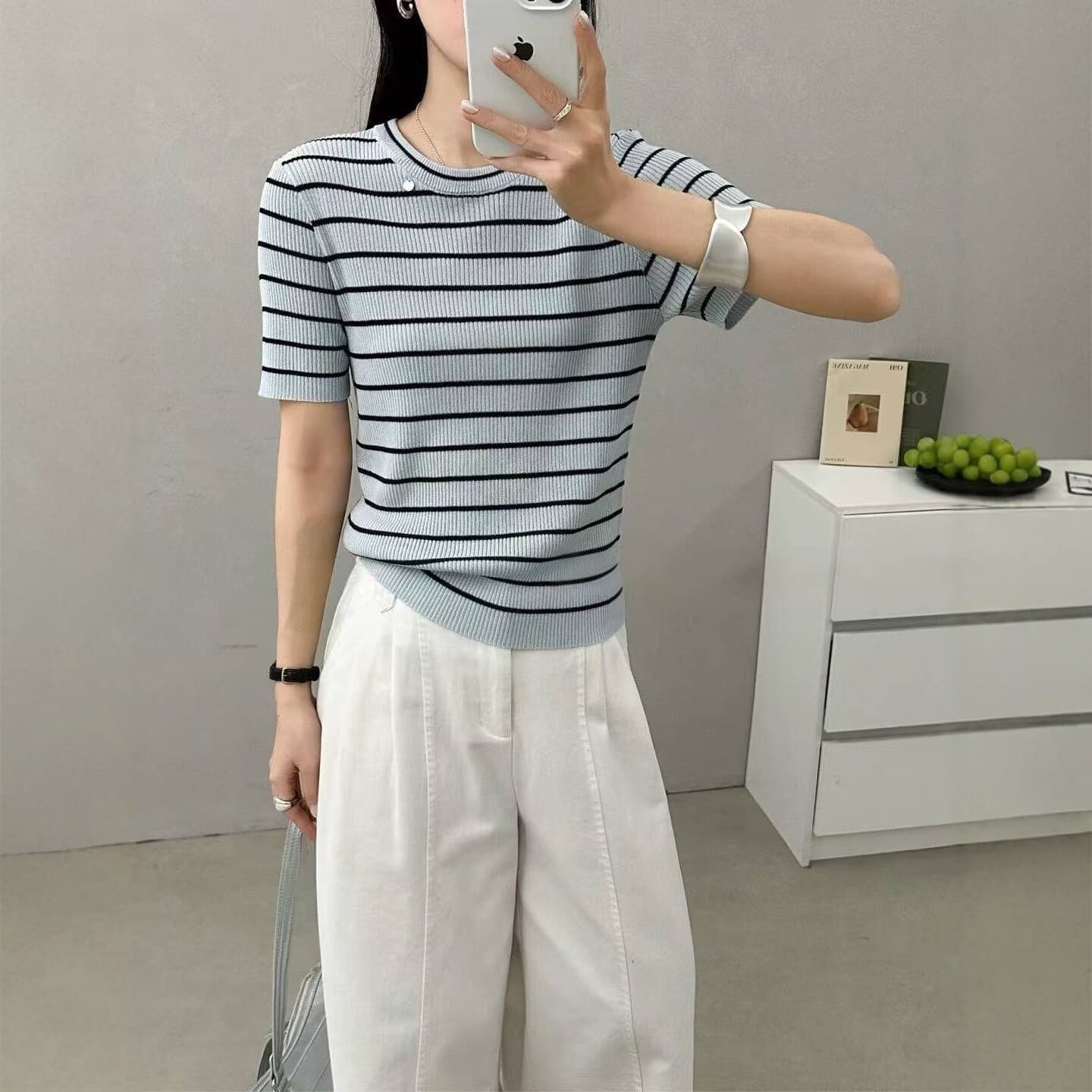 Early Spring Bamboo Knot Linen Round Neck Knit Top Women Thin Striped Blouse Fashion Simple Style Korean Version Jacket Slimming