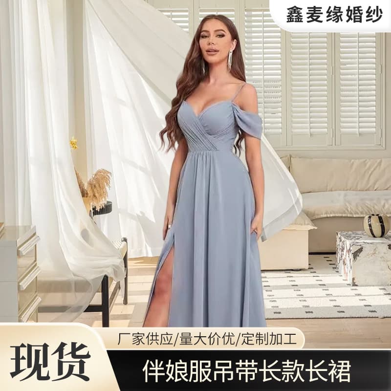Amazon New European and American Cross-border Strapless Bridesmaid Dress Strap Chiffon Long Dress Solid Color Banquet Evening Dress